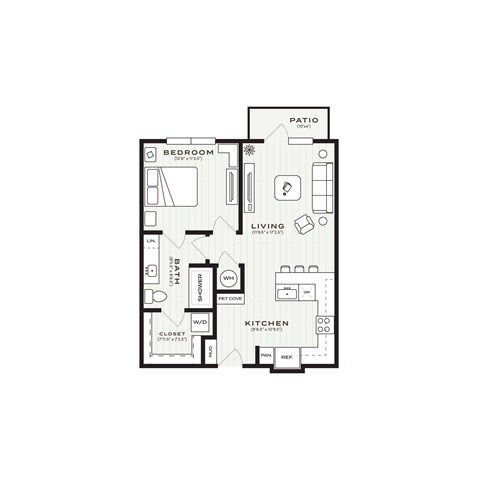 Floor plan for 1 bed, 1 bath, 684 sqft
